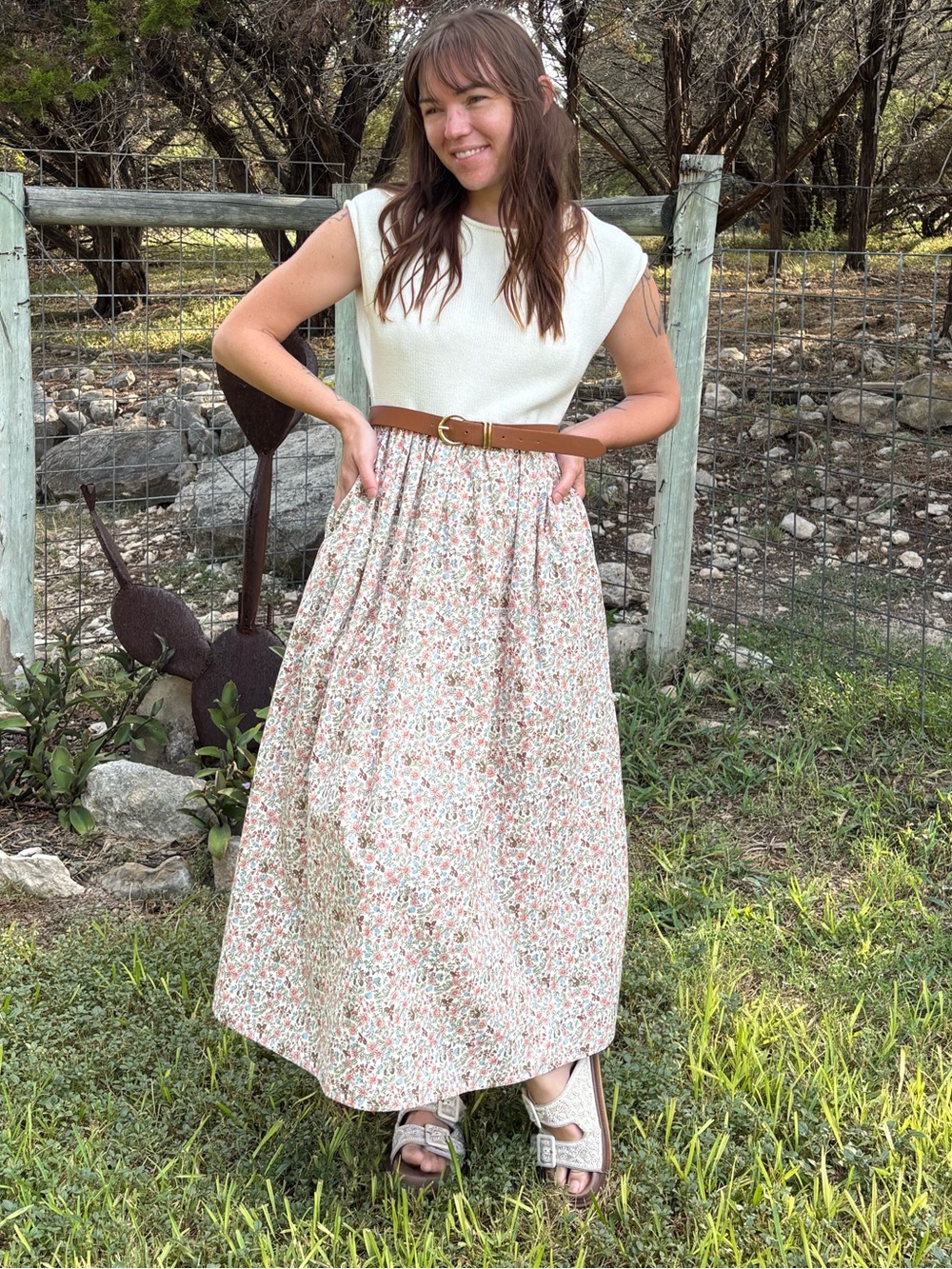 Baltic Born Cream Midi Dress with Pink & Green Floral Print